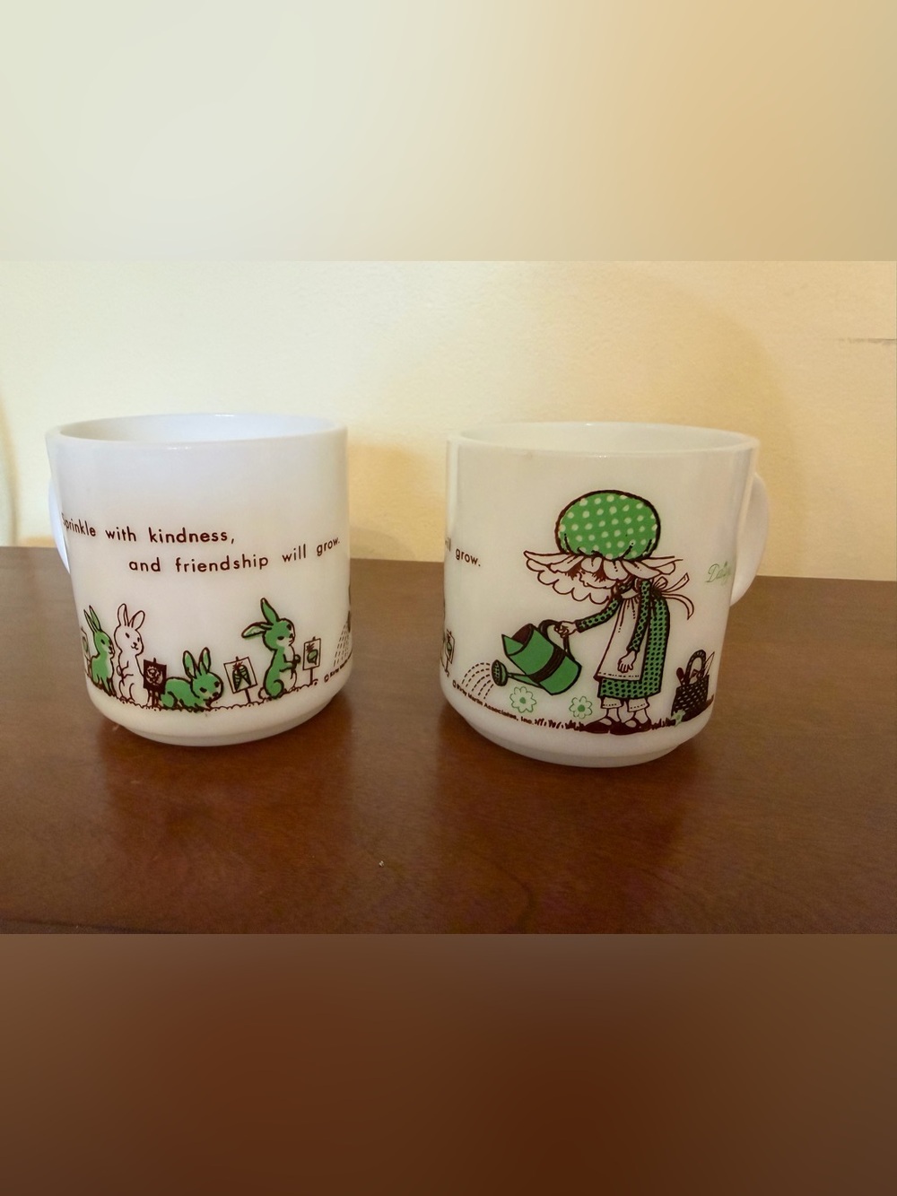 2 VINTAGE Kirby Martin Milk Glass MUGS Sprinkle Kindness Friendship Will Grow